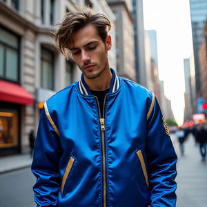 Chaquetas de bombardero de cuello redondo para hombre, venta al por mayor, chaqueta de bombardero de satén Varsity ligera para hombre, abrigo de bombardero con cremallera para exteriores para hombre - Product Image 3