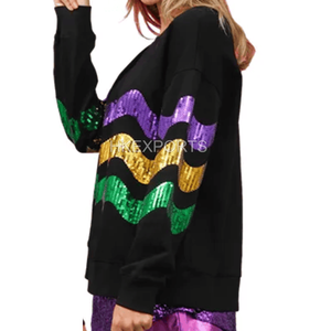 Sweat-shirt surdimensionné élégant pour femmes Mardi Gras violet vert or Sequin Design confortable XS Trendy Carnival Fashion - Product Image 1