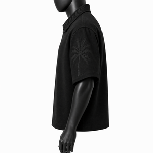 Camisa de hombre vintage personalizada con cuello con cremallera, de manga corta, corte holgado y estilo urbano, con cuello bordado y diseño de palma, OEM - Product Image 4