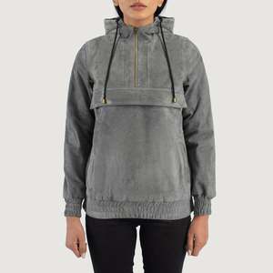 Breathable Grey Hooded <b>Suede</b> Pullover <b>Jacket</b> - Product Image 1