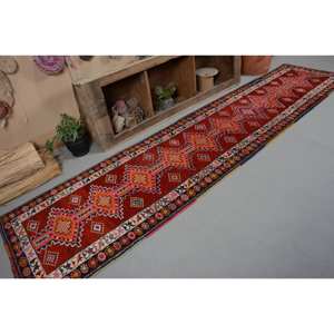 พรมขนแกะสีขาวสีแดงแบบดั้งเดิมดั้งเดิมขนาด2,8X12ฟุตสไตล์วินเทจสไตล์ตุรกีผืนใหญ่แบบแอบสแตรกต์รูปสี่เหลี่ยมผืนผ้าสำหรับห้องโถงห้องโถงห้องโถง - Product Image 5