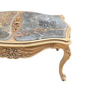 Mesa de Centro Rectangular de Lujo con Doble Superficie de Mármol Gris y Marco de Madera Tallado a Mano en Oro Antiguo para Salas de Estar Clásicas - Product Image 3
