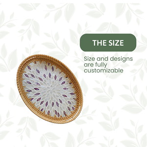 Bandeja de servicio redonda de ratán de madera Vintage rústica hecha a mano con incrustaciones de nácar para uso en la cocina y decoración del hogar - Product Image 2