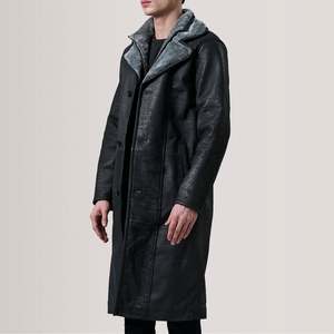 Vintage <b>Men's</b> Distressed Black <b>Shearling</b> Leather Coat Long Overcoat Hooded Collar Button Decoration Soft Wool Filled Autumn - Product Image 3