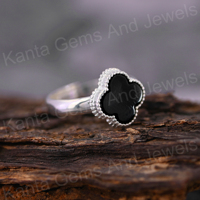 Anillo Cristiano para Mujer, Más Vendido, Chapado en Rodio, Plata de Ley 925, Ónix Negro Natural de 12 mm, Forma de Trébol, Minimalista, con Bisel