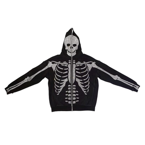 Custom Men's <b>Full</b> Zip Embroidered <b>Skeleton</b> Goth Halloween Face Rhinestone Embellishment 100% Cotton Oversized Loose Winter High - Product Image 6