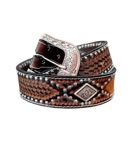 Cinturón de cuero genuino estilo Vintage para hombres y mujeres con diseño floral de cuero de vaca y accesorio de hebilla de plástico - Product Image 3