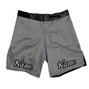 Pantalones Cortos de Satén Gris Personalizados para Hombre, Cintura Elástica, Logotipo Frontal, Nombre Personalizado Impreso en el Dobladillo Inferior, Tela Impermeable de Secado Rápido, Estilo MMA - Product Image 1