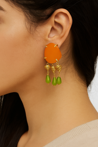 ต่างหูทองเหลืองชุบทองทำมือ ประดับพลอยตาแมวสีส้มเขียว ดีไซน์ห้อยประดับพลอยหลายเม็ด ตัวเรือนแบบกรงเล็บ ทันสมัยสำหรับผู้หญิง - Product Image 2