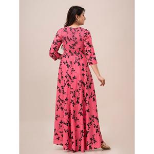 Robe longue tendance rose à imprimé floral avec taille élastiquée smockée, fermeture éclair et décoration drapée, tailles XS-XL pour les journées décontractées - Product Image 2