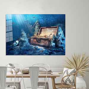 Obra de arte impresa en lienzo: Paisaje submarino moderno con tesoros, arte en vidrio templado - Product Image 1