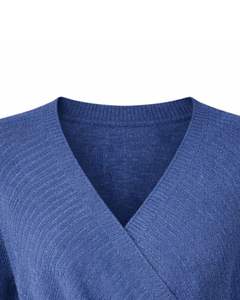 Customized Women Blue Wrap Style Knit Sweater <b>Long</b> Sleeve V Neck Soft Casual Winter Top Elegant Ladies Fashion Pullover - Product Image 4