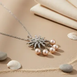 Collier pendentif en perles argentées en forme de soleil, cadeau pour femme, bijoux élégants, colliers en perles - Product Image 1