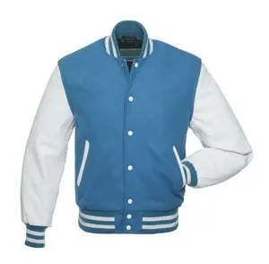 Veste de baseball universitaire en cuir véritable pour homme, en laine, avec logos, patchs, étiquettes, col à capuche, formelle, sportive, printemps - Product Image 1
