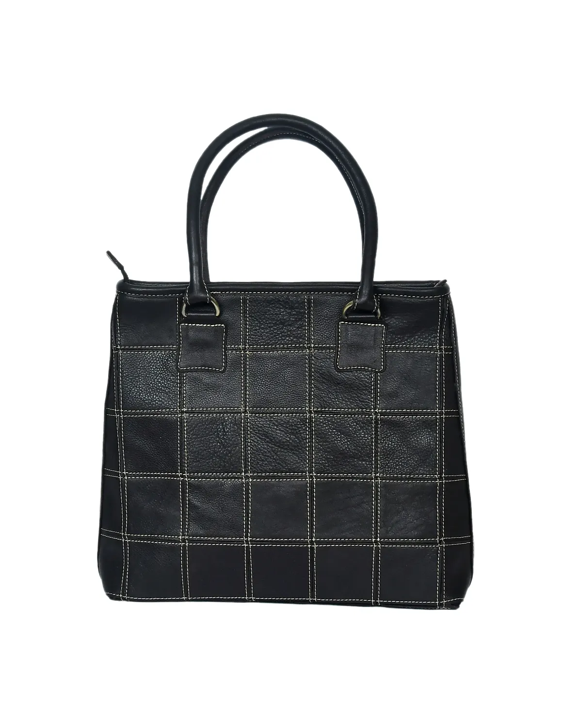 anam exim new black tote bag with beige stitching looks extra storage and real leather product made in India.