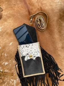 Pelo hecho a mano en cuero de vaca metálico turquesa flecos mujeres bandolera móvil bolso occidental cuero genuino Concho teléfono celular monedero - Product Image 6