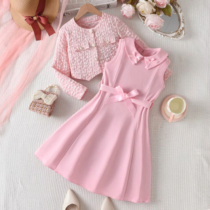 Abito Casual Rosa con Collo Tondo per Ragazze Catpapa - Stile Giacca con Gilet, Gonna Lunga, Colletto con Fiocco e Cintura - Product Image 1