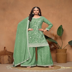 Costume élégant traditionnel ethnique pour femmes Chinon brodé Sharara ensemble tenue de fête indienne pakistanaise avec Dupatta Salwar Kameez - Product Image 1