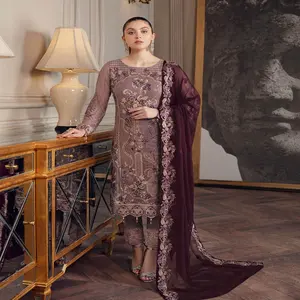 ラムシャボリュームシェブロンによるシフォン3ピーススーツパキスタンのデザイナーの女性のための結婚式の刺Embroideredドレス-5パーティーウェア