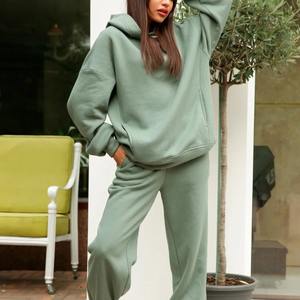 Jersey con capucha Suéter y pantalones Algodón sólido Sudaderas con capucha de manga larga Elástico Cintura alta Pantalones con cordón Conjunto informal de algodón - Product Image 6