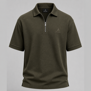 Polo Premium Verde Oliva con Cierre de Cremallera, para Hombre, de Algodón Piqué, de Lujo, Bordado, OEM, ODM, Ropa de Golf Personalizada de Fábrica - Product Image 1
