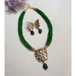 Ensemble de collier et boucles d'oreilles en perles vertes Kundan Polki indiennes, bijoux de mariage traditionnels, mode ethnique, collier ras du cou, ton or, fournisseur - Product Image 3