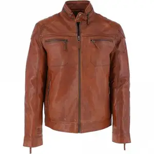 Brown full zipper sleeves men leather jacket zippers front pockets slim fit relax motorcycle racing men's jackets