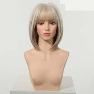 Jean Plus -DWY Glueless Synthetic <b>Wig</b> Gen 2 Large Realistic Scalp <b>Short</b> Straight Brown with Blonde Highlights Bangs - Product Image 1