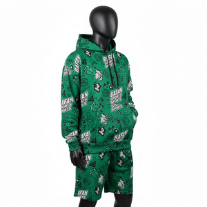 Conjunto de sudadera con capucha y pantalones cortos para hombre, 300 GSM, algodón premium con forro polar, estampado deportivo verde, sublimación, logotipo personalizado. - Product Image 4