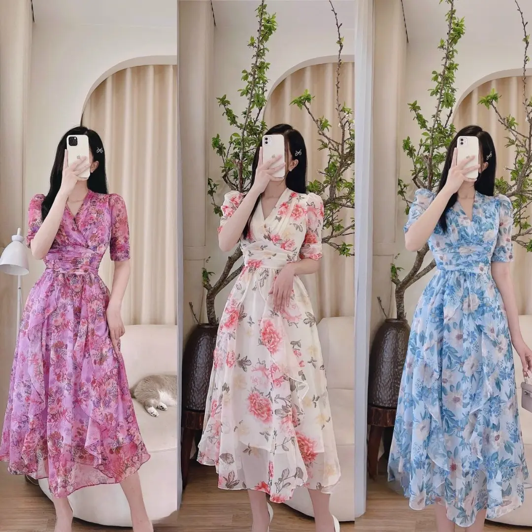 Vestidos largos de talla grande con cuello en V y flores, vestidos largos informales de verano de alta calidad lavables Odm cada uno en bolsa de polietileno del fabricante de Vietnam