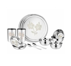 Service de table en acier inoxydable 12 pièces avec logo personnalisé, couverts ronds à motif végétal, assiettes et plats inclus - Product Image 1