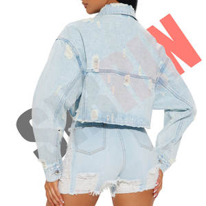 100% coton dernière veste en jean lavé léger femmes veste déchirée femmes veste courte femmes col Non Stretch en détresse - Product Image 3