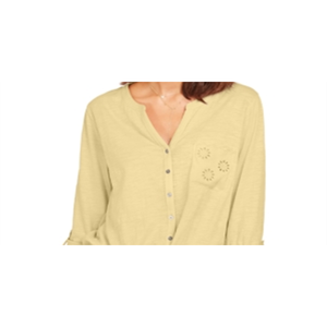 Camicetta da Donna Style & Co Gialla Taglia XS con Tasca Traforata e Laccio Frontale in Tessuto Popeline, Colletto a Risvolto, Design Retrò Vintage per Primavera/Estate - Product Image 2