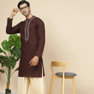 ชุด Kurta ปักลายคอฟฟี่สีน้ำตาลสำหรับผู้ชายเสื้อผ้าชาติพันธุ์เสื้อแฟชั่นสำหรับส่งออกทั่วโลก - Product Image 1