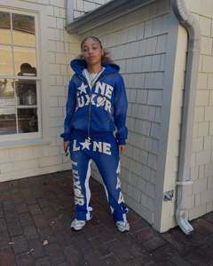 Fabricant Applique 500 gsm Survêtement Logo Personnalisé Broderie en Détresse Patchwork Strass Pantalon de Survêtement et Ensemble de Sweat à Capuche - Product Image 4