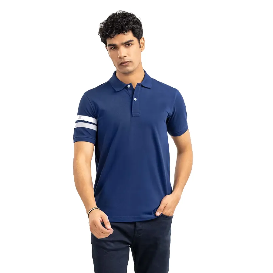 Camiseta polo masculina azul marinho 100% algodão, camiseta polo com listras estampadas para uso, de alta qualidade, ajuste regular, para venda