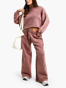 100% cotton acid wash <b>ladies</b> tracksuit custom puff printed logo 2 pcs cropped sweatshirt & baggy <b>trouser</b> set fot women's - Product Image 2