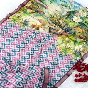 Sari en soie Manipuram original VASTRA COTTAGE avec imprimé Ikkat, bordure tissée en zari doré, pallu numérique inspiré avec blouse contrastée - Product Image 1