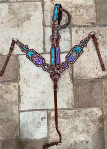 Ensemble de bride et de collier de poitrail en cuir western avec franges turquoise, design arctique personnalisé, bride de cheval, taille complète/coibon, sur mesure - Product Image 3