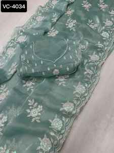 El Más Hermoso Sari de Seda Jimmi Cho para Fiestas y Festivales Indios con Bordado de Lentejuelas Dobles y Blusa - Product Image 5