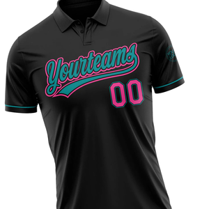 Polo personnalisé par sublimation avec nom et numéro, noir avec rose et turquoise, vêtements de sport imprimés sur mesure, vêtements d'équipe - Product Image 2