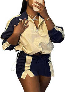 Top corto cortavientos con logotipo personalizado para mujer, conjuntos cortos, ropa de verano informal de dos piezas con cuello con capucha y tops largos - Product Image 2