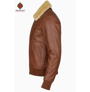 Men's Handmade Lambskin <b>Brown</b> Leather Bomber Jacket Vintage Biker with Quilted Fur Collar - Product Image 3