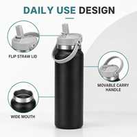 Bouteille d'eau portable isotherme en acier inoxydable de 32 oz, grande capacité, avec couvercle rabattable et poignée amovible