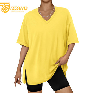 Camiseta básica de gran tamaño con logotipo estampado personalizado de peso pesado, camiseta de talla grande de alta calidad a la moda para mujer, Camiseta 100% de algodón con cuello en V - Product Image 6