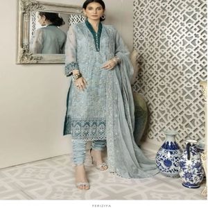 Pantalones de seda cruda Masoorii Duppata bordados hechos a mano, mangas delanteras y traseras de trabajo de Organza para adultos, ropa India paquistaní - Product Image 1