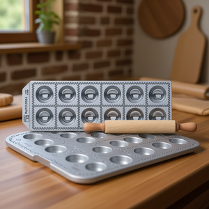 RAVIOLCASA Silver 20074 11B 12-Hole Ravioli Mold with Wooden Roller Kitchen Tool Pastry Board Laser Logo Features Floral Pattern - Product Image 3