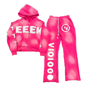 High Quality Acid Wash Mens Tracksuit Custom Streetwear Print 500 Gsm Cropped Pullover Hoodie and Sweatpants Set Tracksuits - Product Image 1