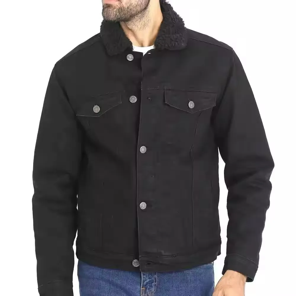 Chaqueta de mezclilla elástica ajustada con capucha extraíble abotonada clásica para hombre de alta calidad al por mayor y personalizada