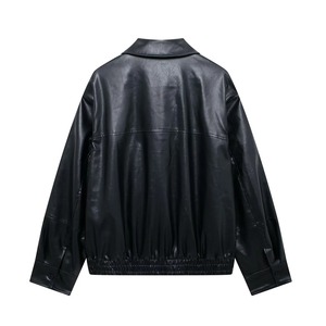 Chaqueta holgada de piel sintética de Pu negra para motociclista con cinturón primavera otoño abrigo con cremallera para mujer prendas de vestir - Product Image 3